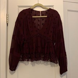 Free People Maroon V-Neck Long Sleeve Top